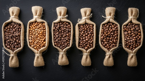 Assorted Coffee Beans in Burlap Bags on Dark Background â€“ Rustic Gourmet Display