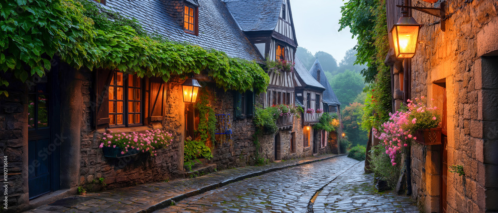 Fototapeta premium Picturesque Medieval Village Street with Ivy-Covered Stone Houses, Lanterns, and Flower-Adorned Windows on a Rainy Day