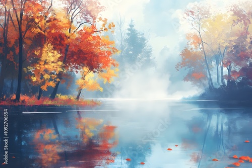 Autumn landscape with blue lake and many red leaves above. digital illustration art.