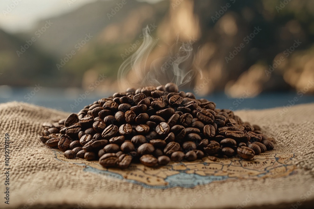 Obraz premium Steaming freshly roasted coffee beans rustic kitchen food photography warm atmosphere close-up aromatic coffee experience