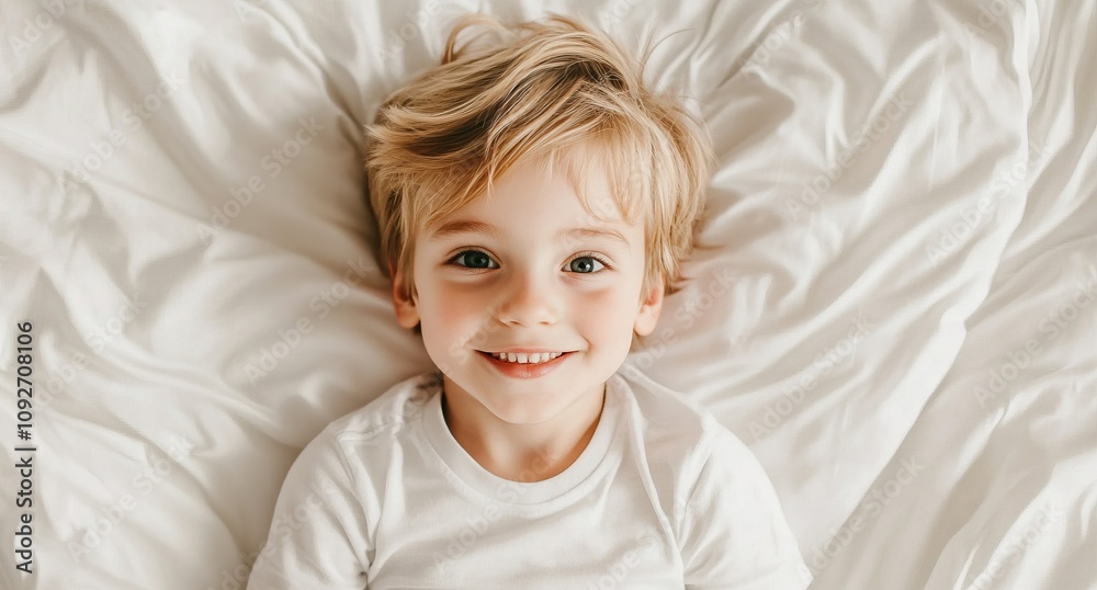 A Radiant Smile of a Child Lying on a White Bed A Radiant Smile of a Child Lying on a White Bed