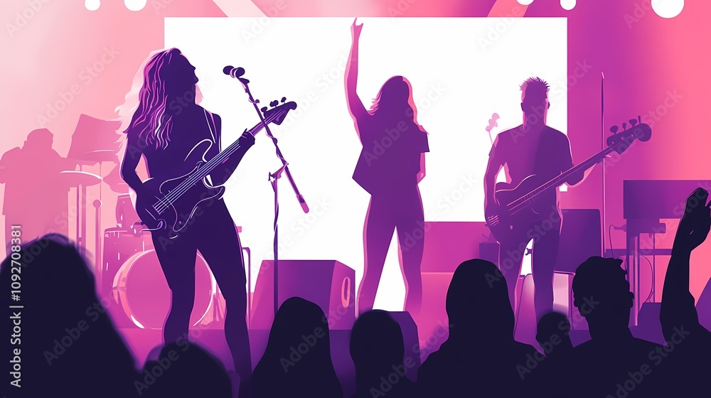 Dynamic Live Music Performance with Guitarists and Singer on Stage Surrounded by Enthusiastic Audience in Colorful Lighting Atmosphere Dynamic Live Music Performance with Guitarists and Singer on Stage Surrounded by Enthusiastic Audience in Colorful Lighting Atmosphere