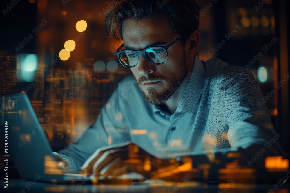 Focused Programmer Working Late Night City Lights Laptop Coding Software Development Focused Programmer Working Late Night City Lights Laptop Coding Software Development