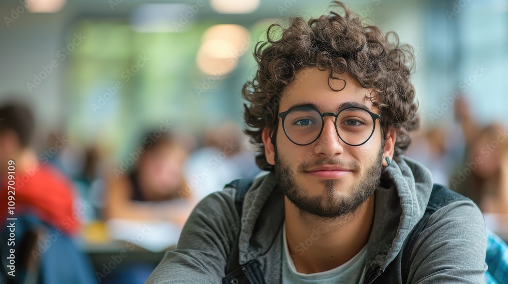 Intelligent-looking young male student, focused and determined, seated in a university classroom setting Intelligent-looking young male student, focused and determined, seated in a university classroom setting
