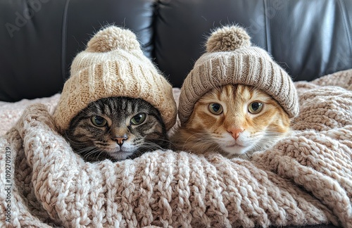 Adorable cat duo wearing cozy winter hats, resting comfortably in knitted blankets on a couch, embracing the warmth and charm of winter style