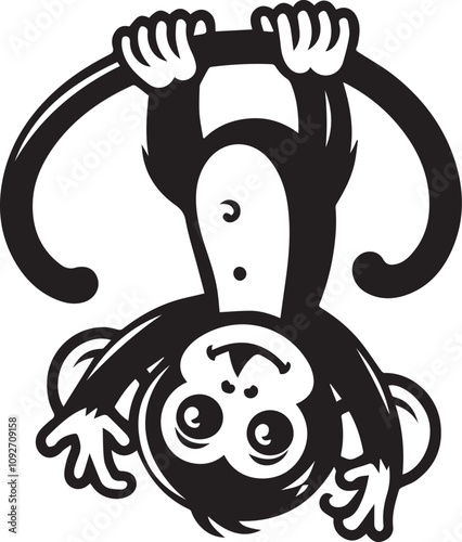 Cute Monkey Swinging from a Rope. A stylized, black and white illustration of a cheerful baby monkey swinging from a rope. photo