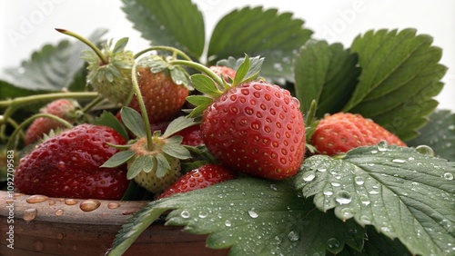 A bunch of plump strawberries with shiny leaves glistening in the soft morning dew, strawberries, garden photo