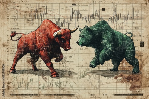 Exuberant hand-drawn illustration of a red bull and green bear facing off against a backdrop of financial graphs, symbolizing the dynamic stock market trends