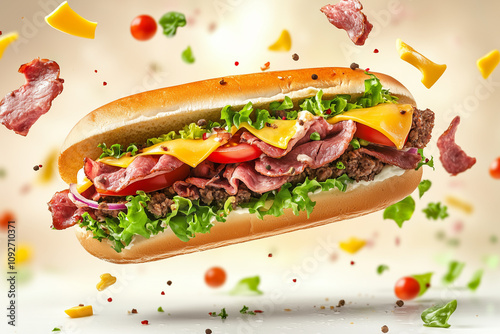 A hoagie sandwich with layers of meat, cheese, lettuce, and tomato, flying mid-air with ingredients scattering around, with copy space. Bright, clean lighting. White background.  photo