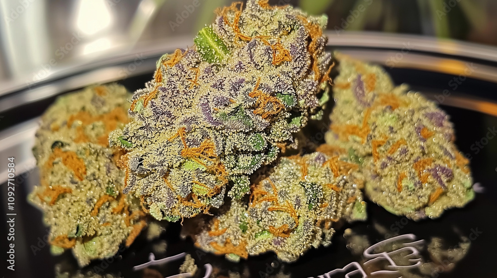 Macro photography of sativa and indica cannabis plant flowers Photo with cannabis bud in modern aesthetic style. Purple medical marijuana flower Macro photography of sativa and indica cannabis plant flowers Photo with cannabis bud in modern aesthetic style. Purple medical marijuana flower
