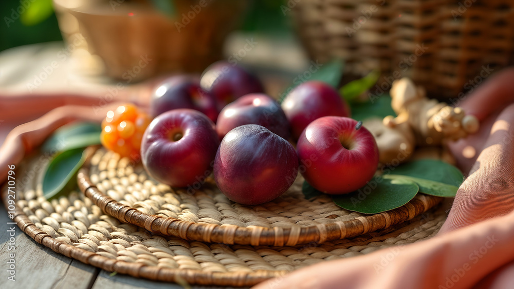 Obraz premium Boho Picnic with Fresh Plums and Ginger