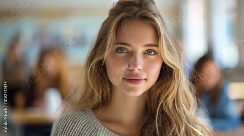 Intelligent-looking young woman, beautiful and confident, sitting in a university classroom, eager for success