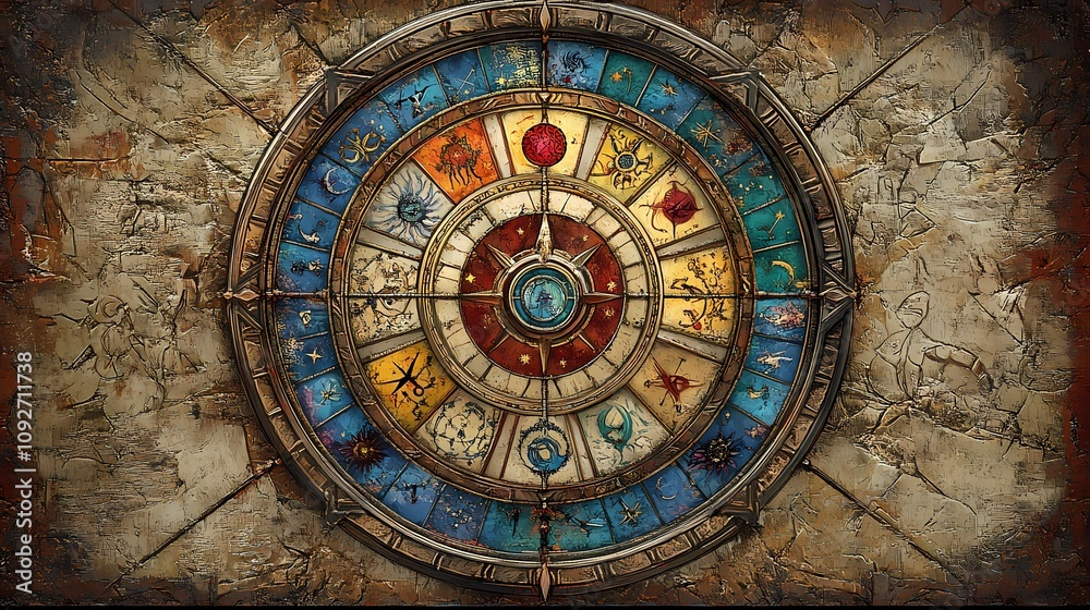 Obraz premium Intricate Zodiac Wheel Decoration Featuring Astrological Signs with Bright Colors and Texture on Rustic Background for Use in Spiritual and Mystical Themes