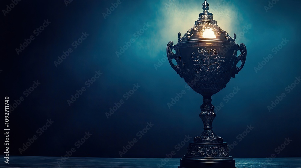 Obraz premium A sophisticated silver trophy cup, lit dramatically against a mirrored silver background, representing excellence.