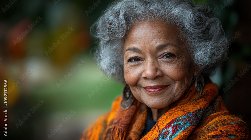 Elderly woman with curly gray hair smiles warmly while wearing colorful scarf in a serene outdoor setting during autumn. Generative AI Elderly woman with curly gray hair smiles warmly while wearing colorful scarf in a serene outdoor setting during autumn. Generative AI