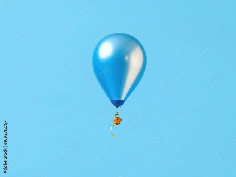 Fototapeta premium A light blue background with a blue and gold flying balloon suspended in mid-air against a bright blue sky, air balloon, atmospheric view