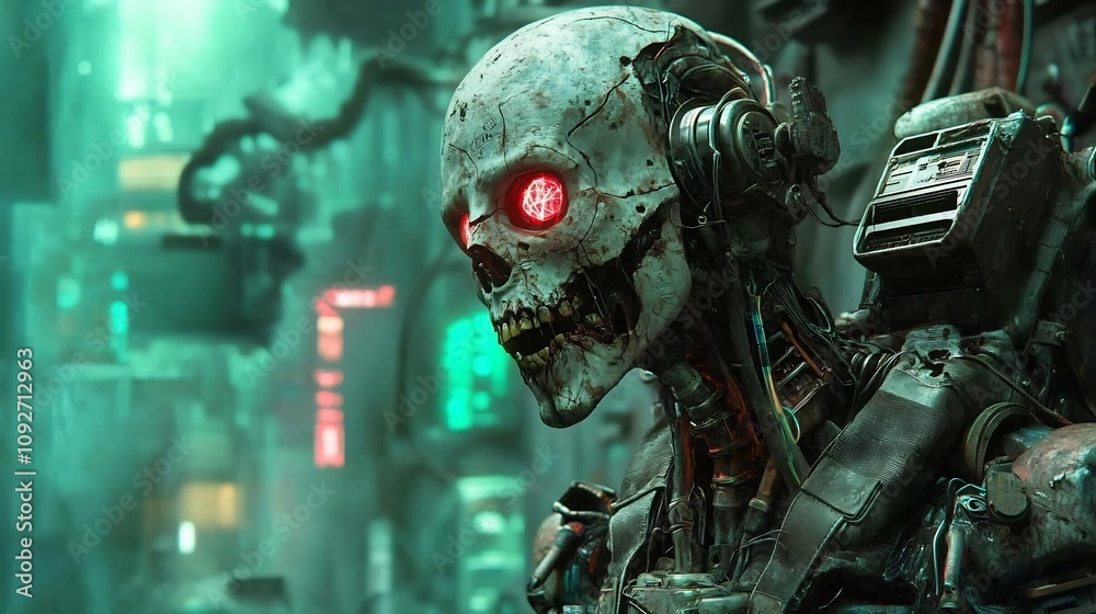 Fototapeta premium Menacing Cyborg Soldier in Gritty Futuristic Urban Environment