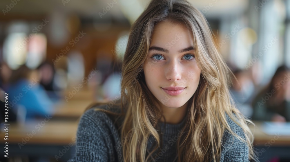 Intelligent-looking young woman, beautiful and confident, sitting in a university classroom, eager for success Intelligent-looking young woman, beautiful and confident, sitting in a university classroom, eager for success