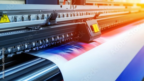 High-Resolution Digital Printer in Action with Colorful Inkjet Printing on Large Sheet of Paper, Modern Print Technology at Work in Printing Industry Scene photo