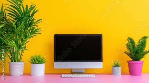 Modern Workspace with Computer and Vibrant Green Plants on Colorful Desk