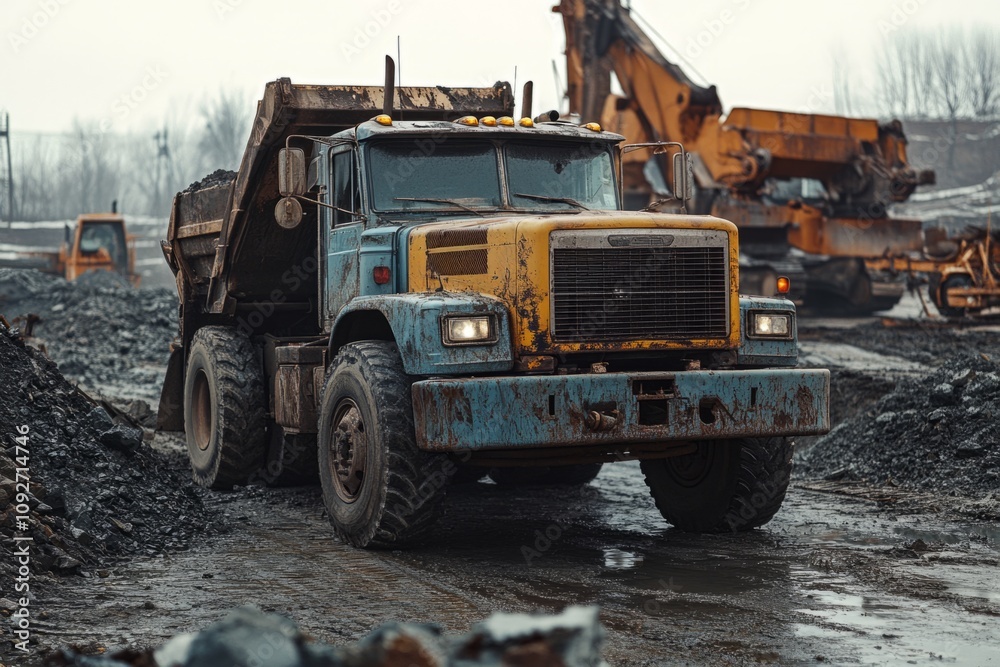 Obraz premium dump truck waiting in demolition site with excavator and building rubble