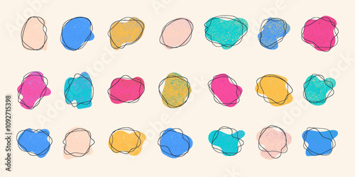 Retro multicolored liquid organic blobs. Blots with vibrant colors and grunge texture. Abstract and simple figures. Irregular dynamic shapes. Modern asymmetric spots