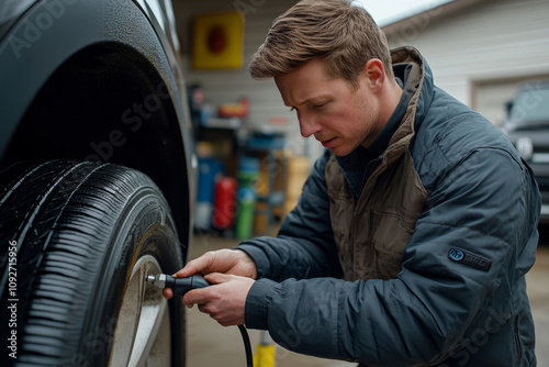 Auto mechanic inflating tire using air compressor in a garage