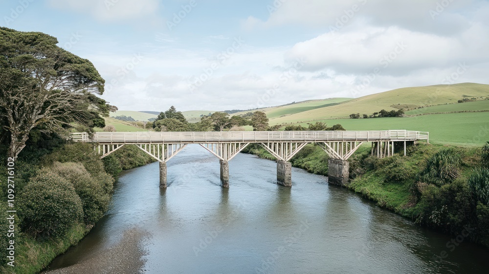 A wooden bridge spans a serene river, surrounded by lush green hills under a cloudy sky. A wooden bridge spans a serene river, surrounded by lush green hills under a cloudy sky.