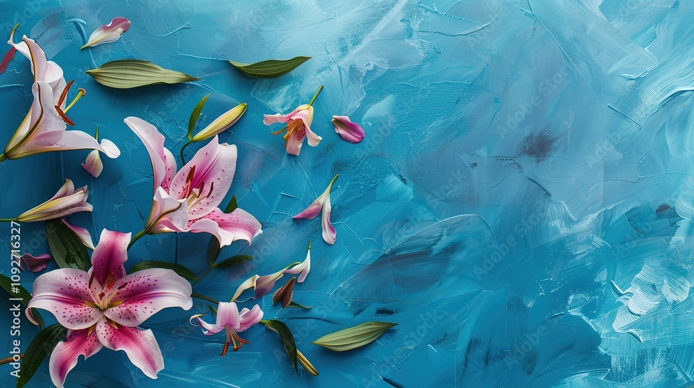 Lily Flowers on a Blue Background - an elegant and serene visual. The delicate lilies set against a soft blue background create a peaceful and refined scene. Lily Flowers on a Blue Background - an elegant and serene visual. The delicate lilies set against a soft blue background create a peaceful and refined scene.