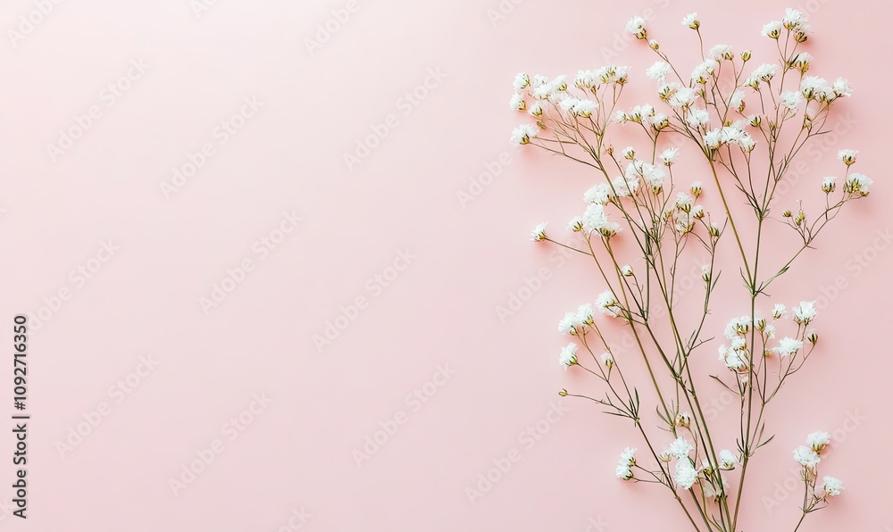 Delicate white flowers arranged on a soft pink background, leaving ample copy space. Delicate white flowers arranged on a soft pink background, leaving ample copy space.