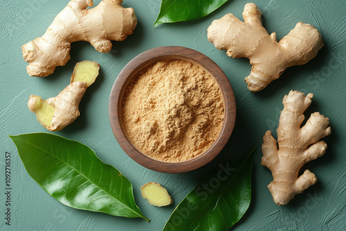 A bowl of ginger powder surrounded by fresh ginger roots and green leaves. photo