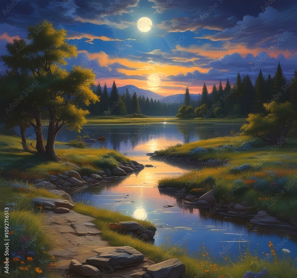 Fototapeta premium Illustration of summer landscape with starry sky.