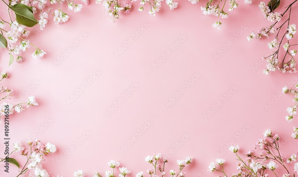 Delicate white flowers frame a pastel pink background, ideal for text or design. (1) Delicate white flowers frame a pastel pink background, ideal for text or design. (1)