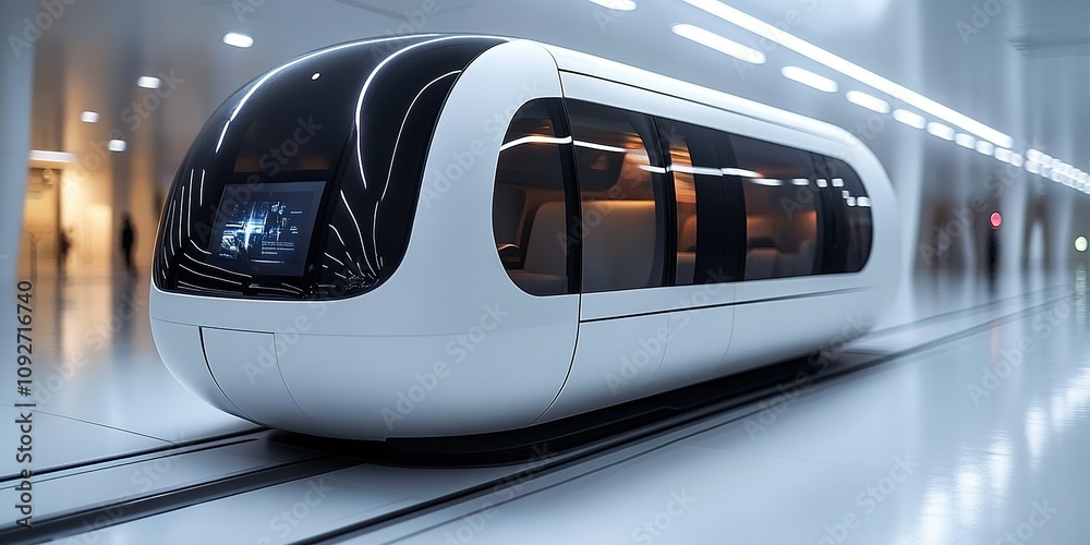 Fototapeta premium Modern autonomous train in a futuristic urban station during nighttime travel