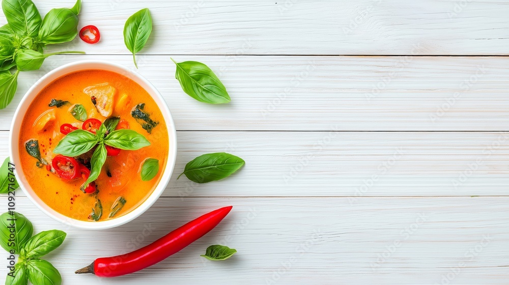 Spicy Thai Curry Soup with Fresh Basil and Red Chili on Wooden Background Spicy Thai Curry Soup with Fresh Basil and Red Chili on Wooden Background