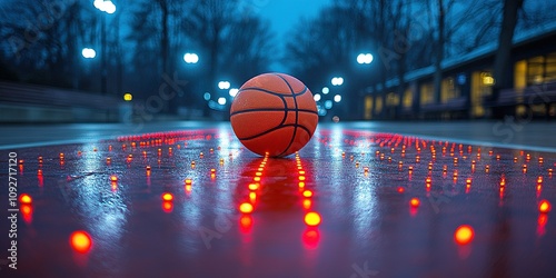 Evening basketball practice on a lit court with a basketball resting on the ground
