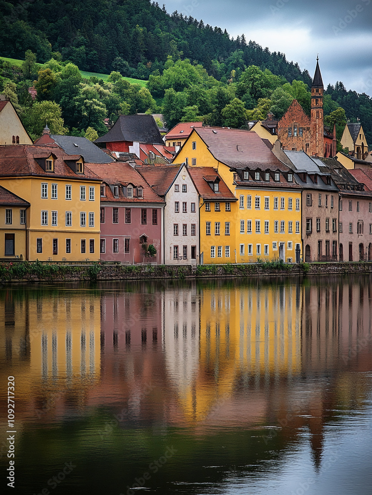 Fototapeta premium Colorful buildings line the Neckar River in Heidelberg Germany on an overcast afternoon