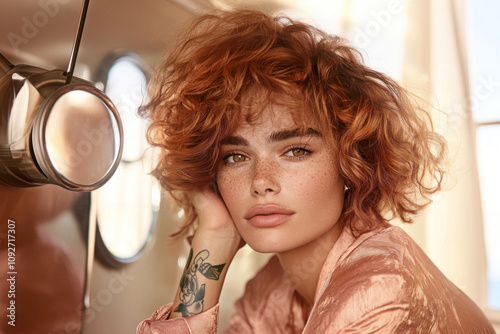 Porträt einer jungen Frau mit roten Haaren mit moderne Frisur in stilvollem Friseursalon mit goldenen Akzenten im Hintergrund.