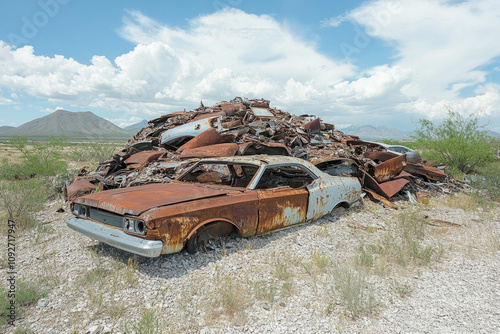 Rusty vintage cars piled up in a junkyard in the desert under a bright blue sky, creating a nostalgic scene of automotive decay photo