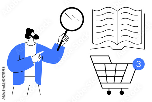 Person examines open book with magnifying glass, shopping cart with number three notification. Ideal for online shopping, education, research, e-commerce, digital literacy, analysis learning. Line