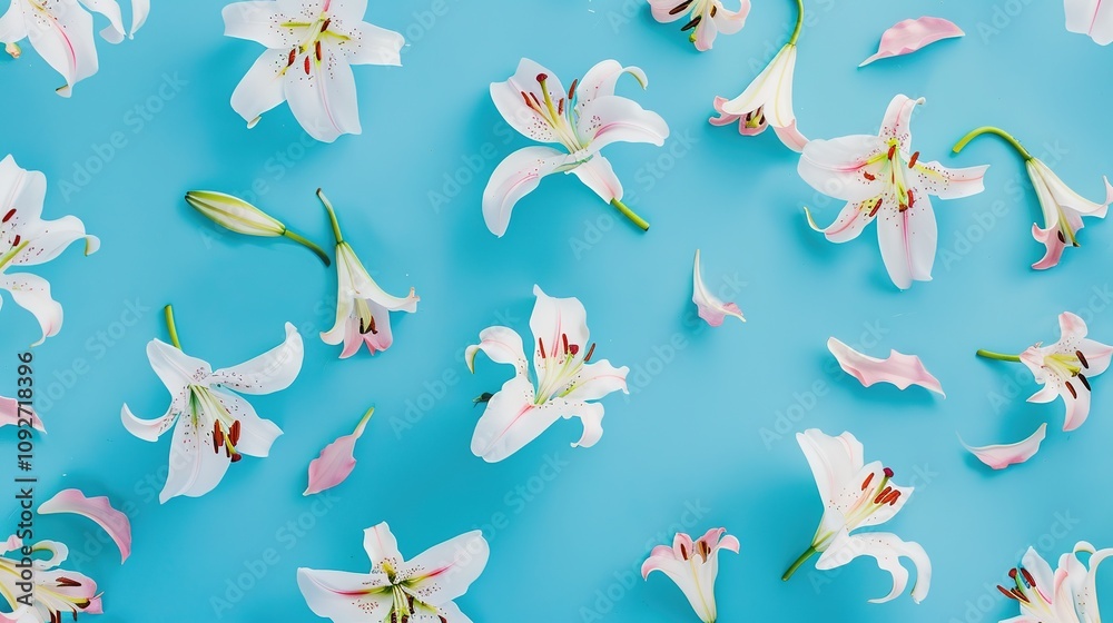 Lily Flowers on a Blue Background - an elegant and serene visual. The delicate lilies set against a soft blue background create a peaceful and refined scene. Lily Flowers on a Blue Background - an elegant and serene visual. The delicate lilies set against a soft blue background create a peaceful and refined scene.
