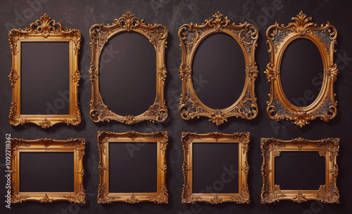 Row of six framed pictures with gold frames and black borders. The frames are all different sizes