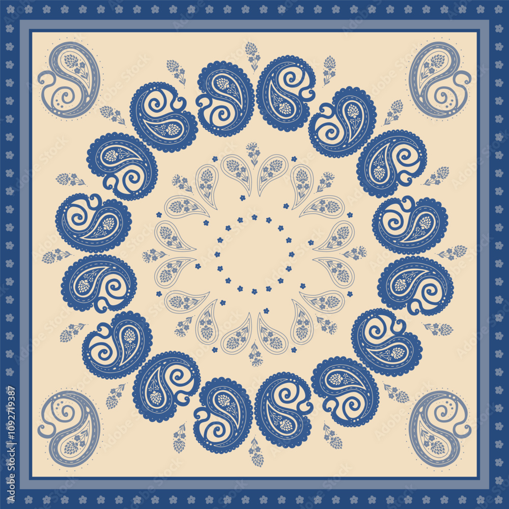Blue and white scarf or bandana design with paisley mandala pattern and floral elements. Ethnic monochrome carpet design.
