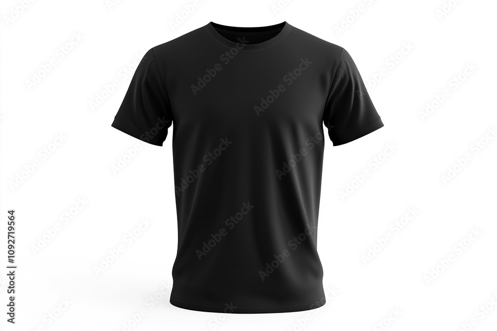 A black men's T-shirt is shown in 3D on a isolated white background. A black men's T-shirt is shown in 3D on a isolated white background.
