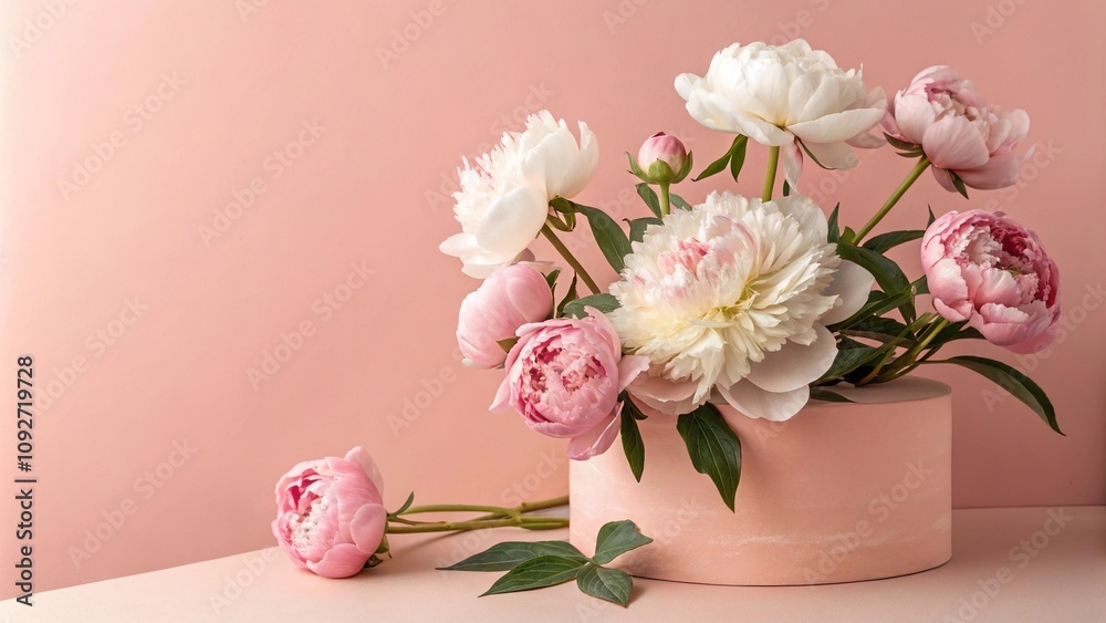 Fototapeta premium A stunning pink and white peony flower arrangement on a soft peach colored substrate, white peonies, natural beauty, peach color, elegant look