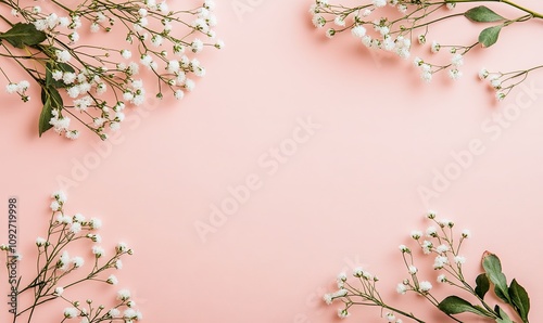 Flat lay of delicate white baby's breath flowers arranged on a pink background, creating a border with a blank center space for text or design elements.