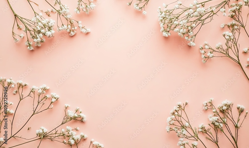 Flat lay of delicate white flowers arranged on a soft pink background, creating a border with a central empty space. Flat lay of delicate white flowers arranged on a soft pink background, creating a border with a central empty space.
