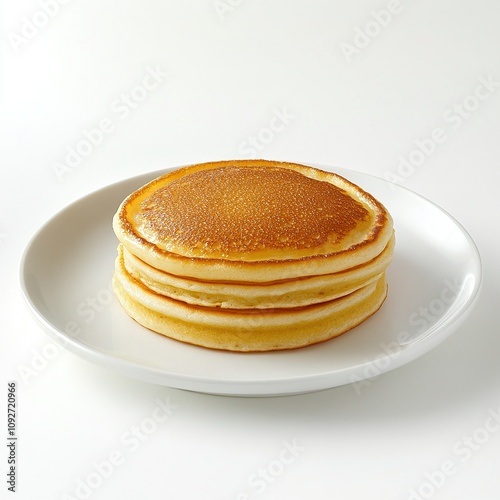 Stack of Golden Pancakes on White Plate.