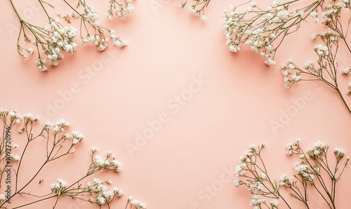 Flat lay of delicate white flowers arranged on a soft pink background, creating a border with a central empty space.