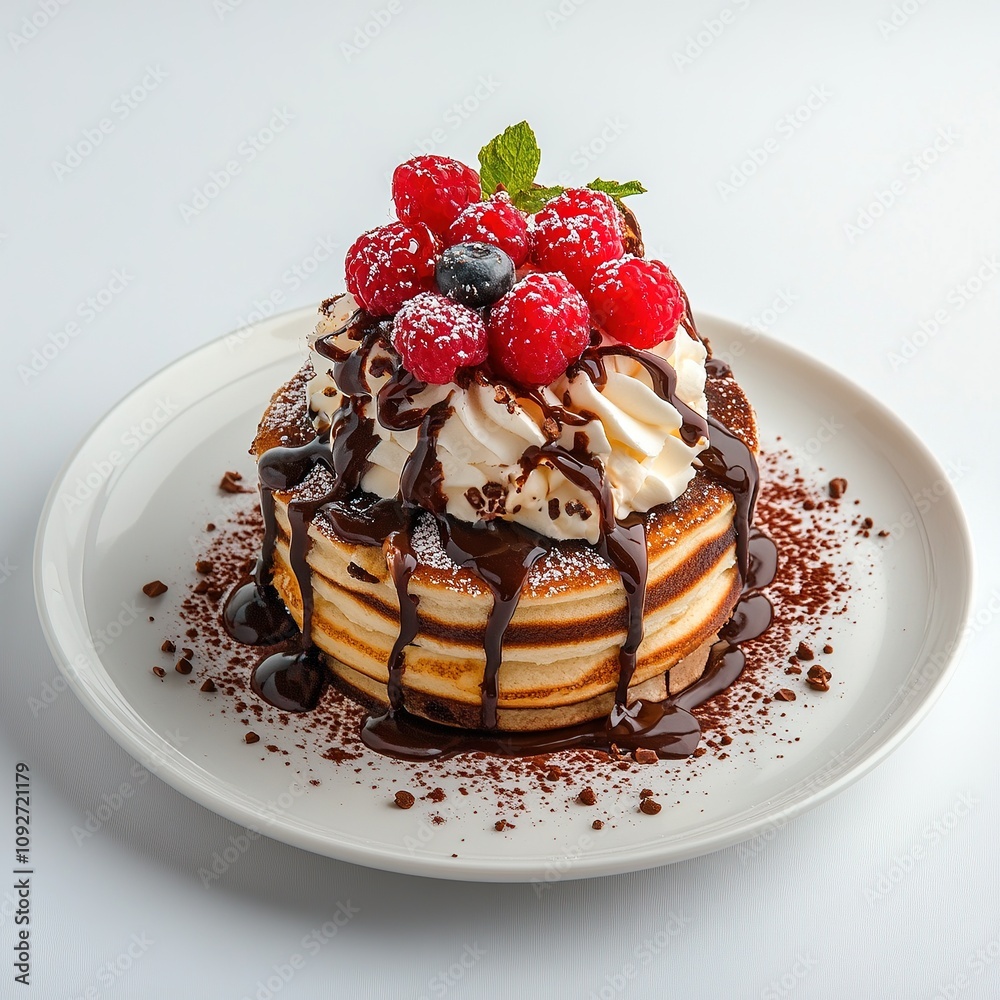 Pancakes with Berries, Whipped Cream, and Chocolate Sauce. Pancakes with Berries, Whipped Cream, and Chocolate Sauce.
